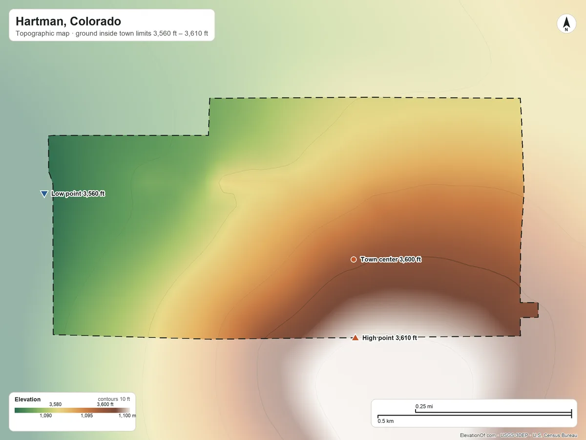 Topographic elevation map of Hartman, Colorado, shaded from 3,560 ft on the west side to 3,610 ft on the south side