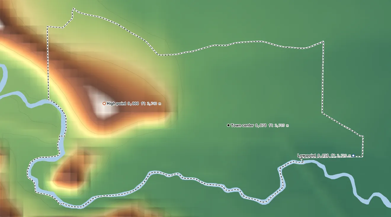 Topographic elevation map of Hartsel, Colorado, shaded from 8,850 ft on the east side to 9,000 ft at the foot of the Puma Hills