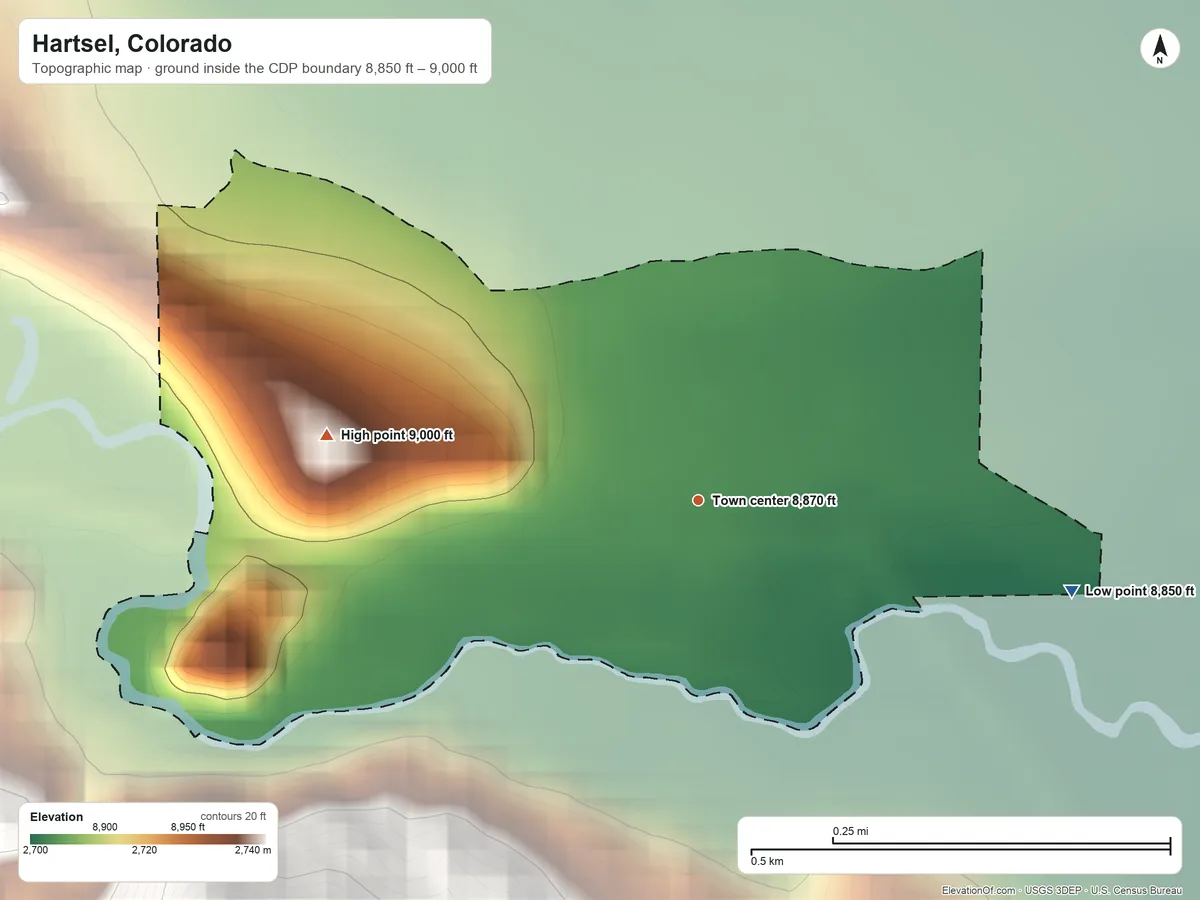 Topographic elevation map of Hartsel, Colorado, shaded from 8,850 ft on the east side to 9,000 ft at the foot of the Puma Hills