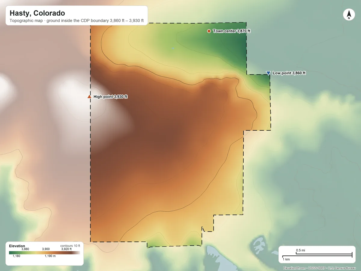 Topographic elevation map of Hasty, Colorado, shaded from 3,860 ft on the southeast side to 3,930 ft on the southwest side