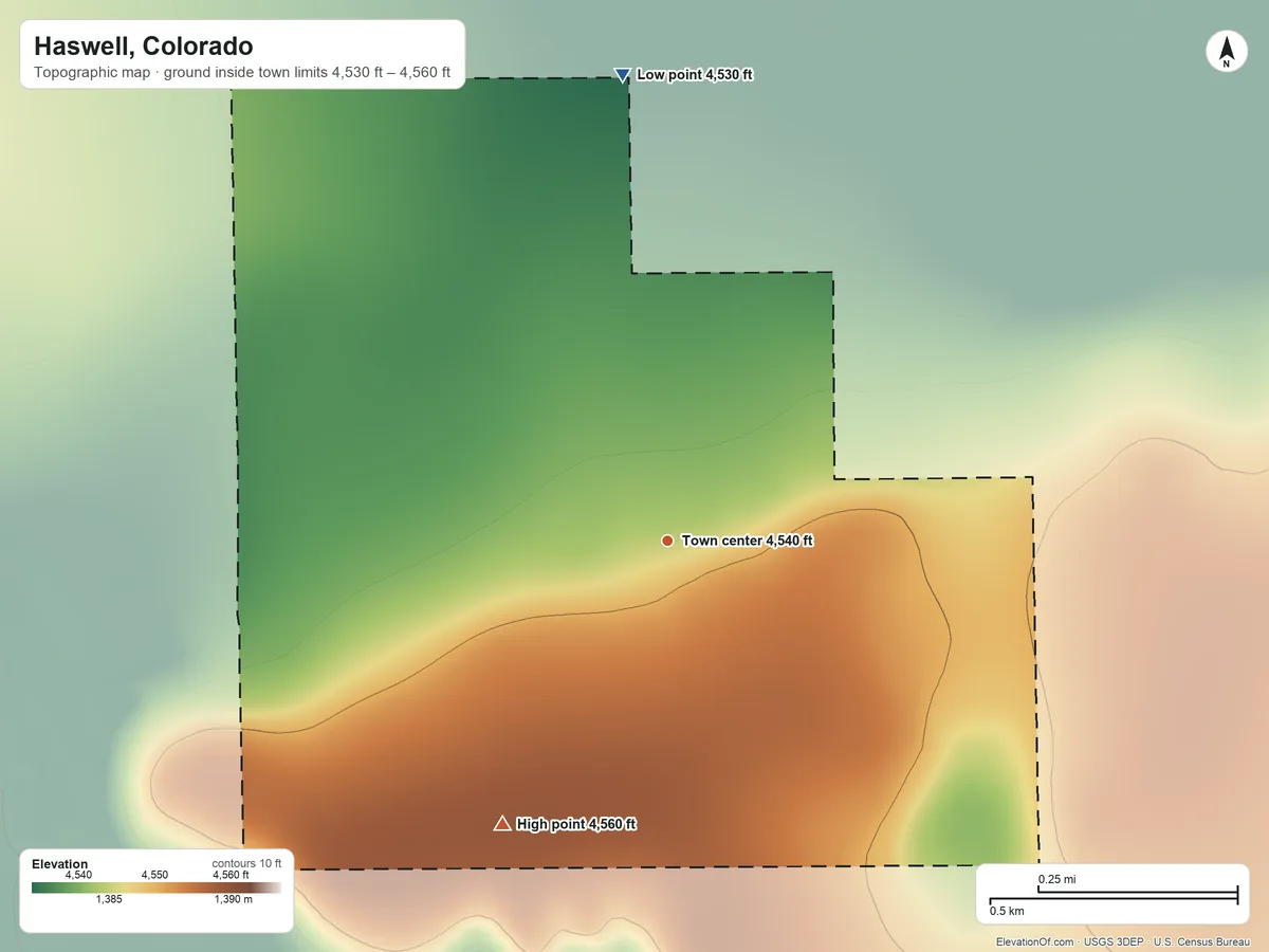 Topographic elevation map of Haswell, Colorado, shaded from 4,530 ft on the north side to 4,560 ft on the southwest side
