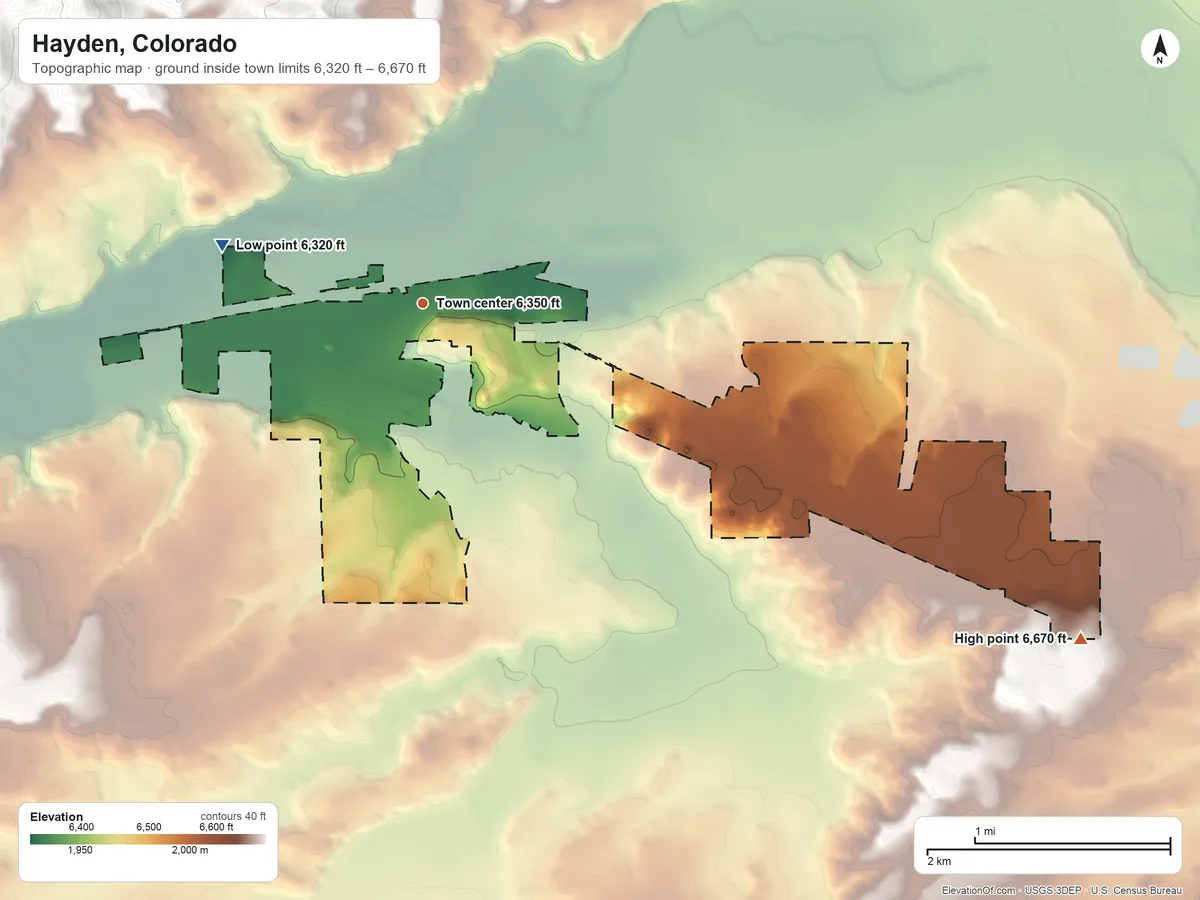 Topographic elevation map of Hayden, Colorado, shaded from 6,320 ft on the west side to 6,670 ft on the southeast side