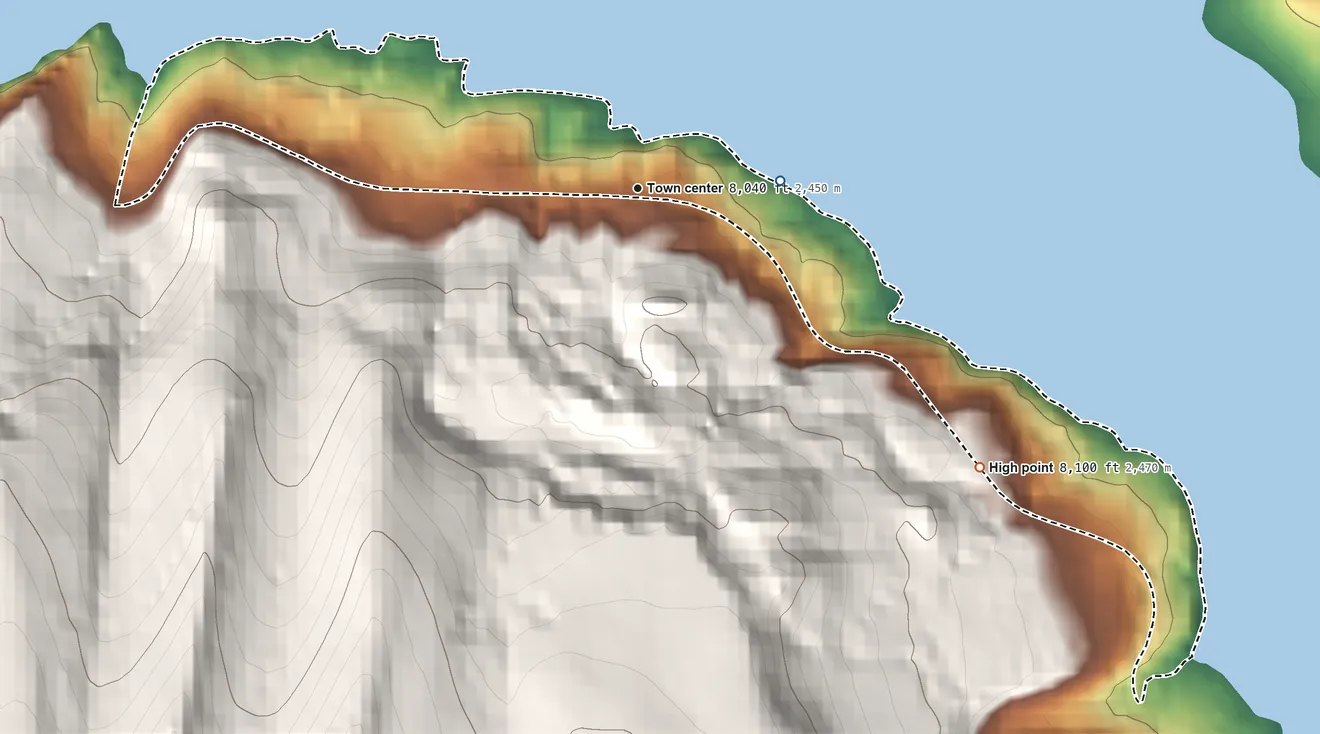 Topographic elevation map of Heeney, Colorado, shaded from 7,950 ft on the east side to 8,100 ft at the foot of the Gore Range
