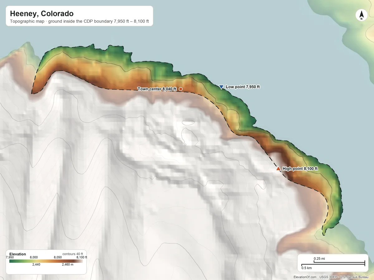 Topographic elevation map of Heeney, Colorado, shaded from 7,950 ft on the east side to 8,100 ft at the foot of the Gore Range