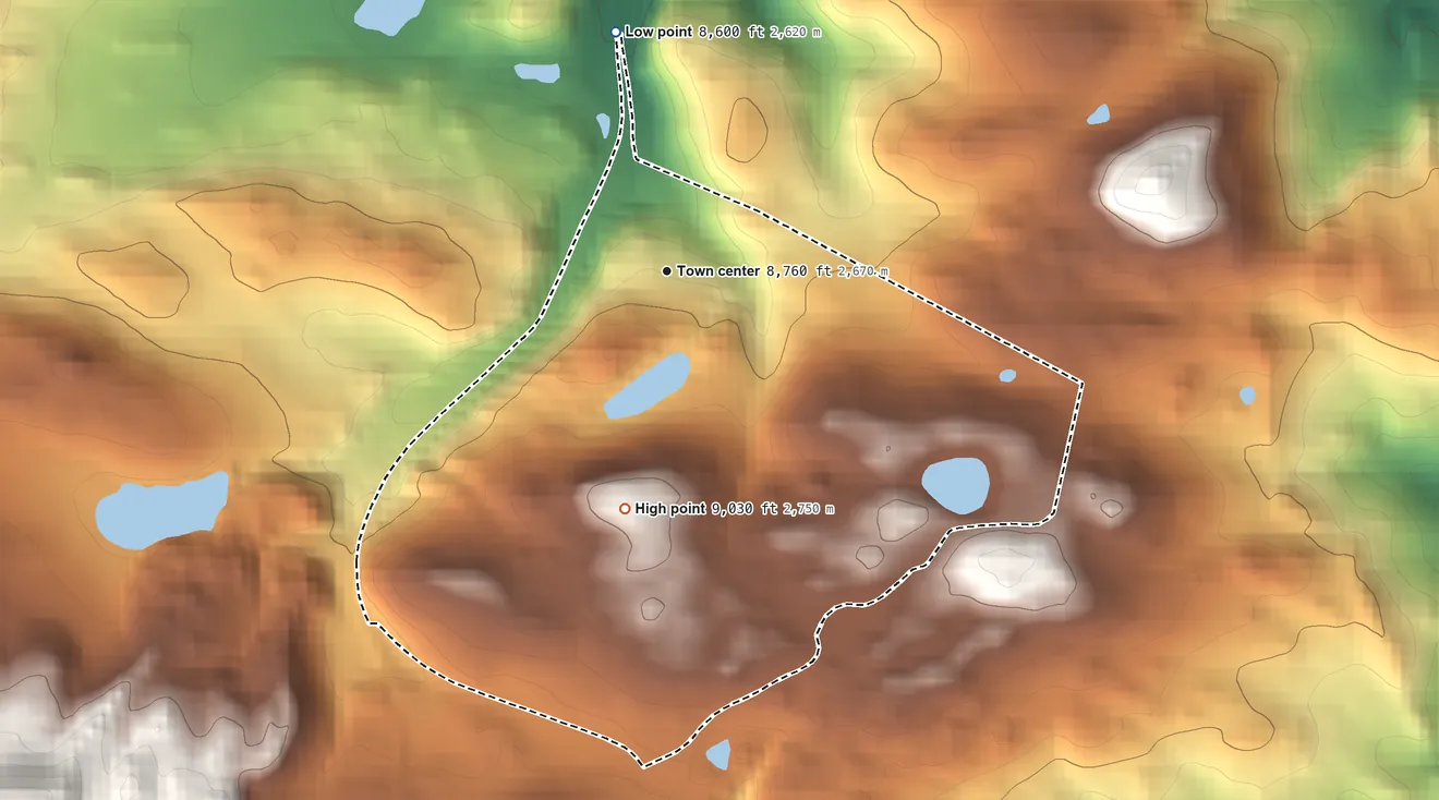 Topographic elevation map of Hidden Lake, Colorado, shaded from 8,600 ft on the north side to 9,030 ft at the foot of the Indian Peaks