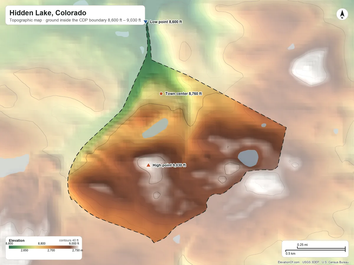 Topographic elevation map of Hidden Lake, Colorado, shaded from 8,600 ft on the north side to 9,030 ft at the foot of the Indian Peaks