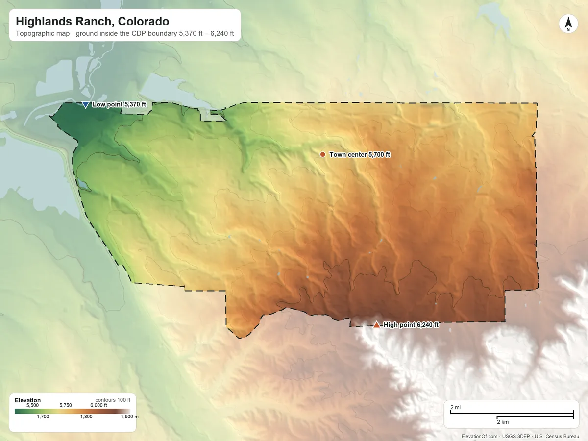 Topographic elevation map of Highlands Ranch, Colorado, shaded from 5,370 ft on the west side to 6,240 ft on the south side
