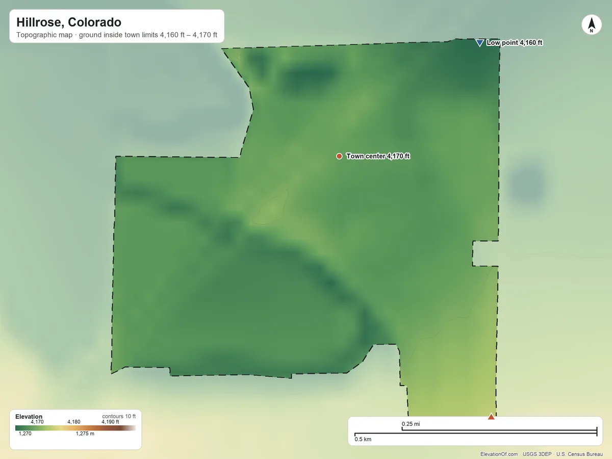 Topographic elevation map of Hillrose, Colorado, shaded from 4,160 ft on the northeast side to 4,170 ft on the southeast side