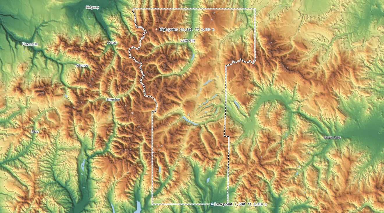Topographic elevation map of Hinsdale County, Colorado, shaded from 7,580 ft on the south side to 14,321 ft on Uncompahgre Peak