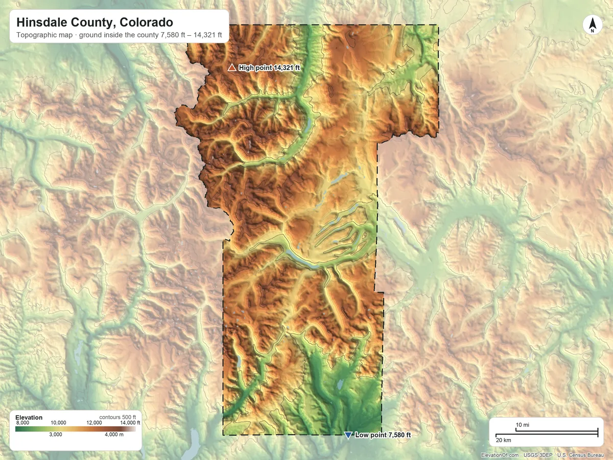 Topographic elevation map of Hinsdale County, Colorado, shaded from 7,580 ft on the south side to 14,321 ft on Uncompahgre Peak