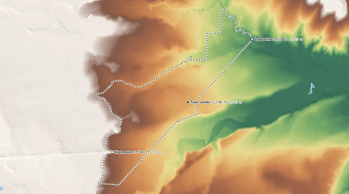 Topographic elevation map of Hoehne, Colorado, shaded from 5,670 ft on the northeast side to 5,780 ft on the southwest side