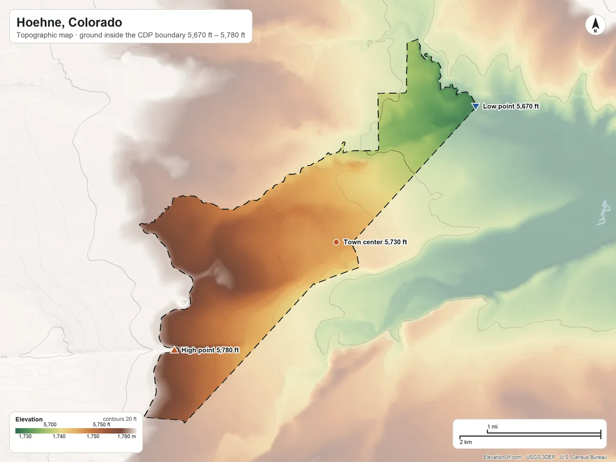 Topographic elevation map of Hoehne, Colorado, shaded from 5,670 ft on the northeast side to 5,780 ft on the southwest side