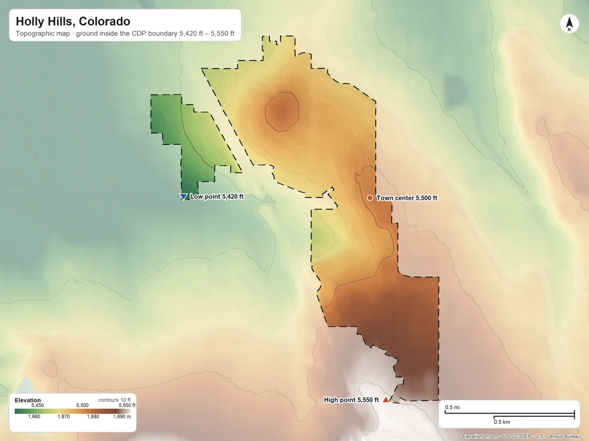 Topographic elevation map of Holly Hills, Colorado, shaded from 5,420 ft on the west side to 5,550 ft on the south side