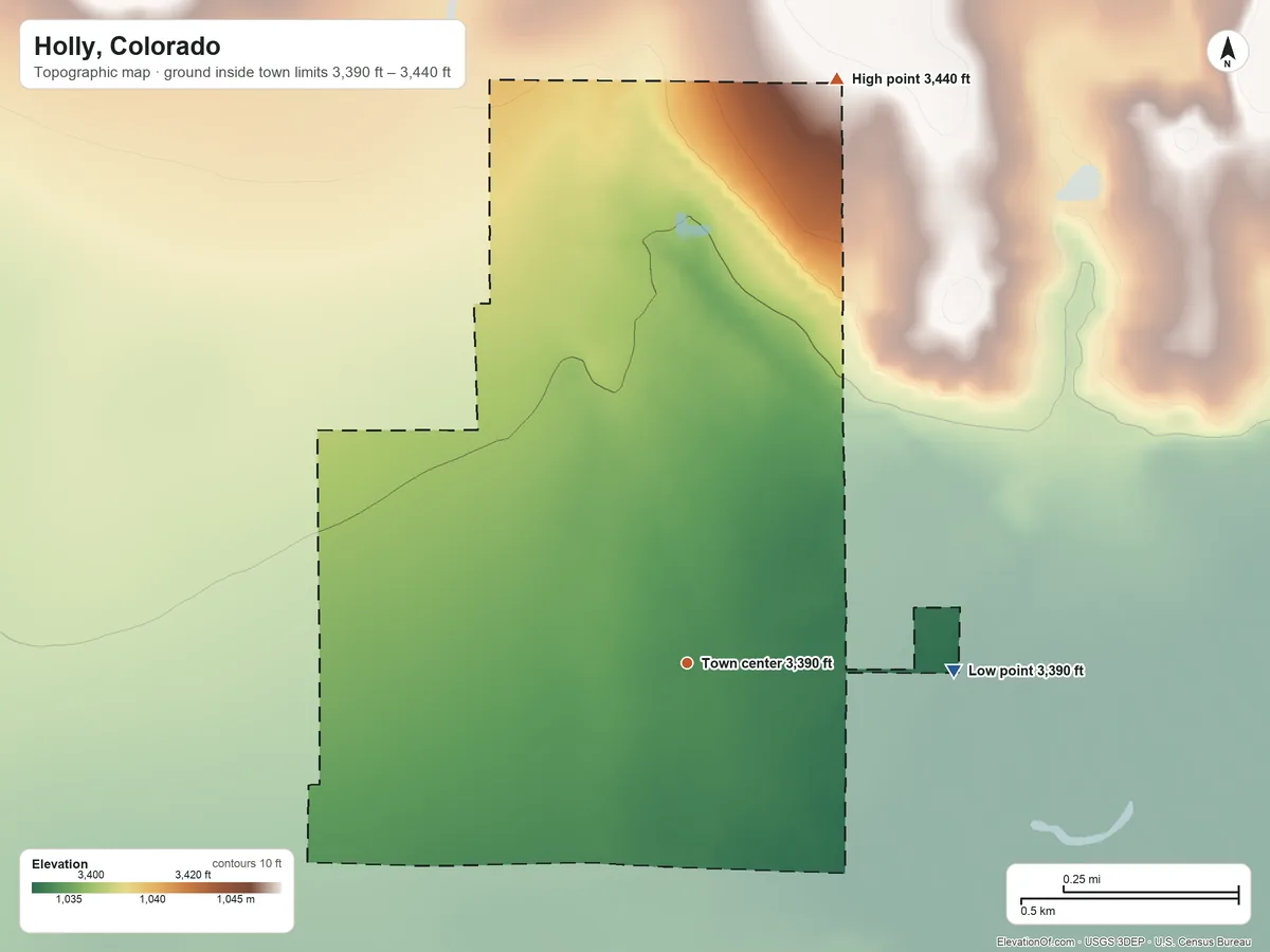 Topographic elevation map of Holly, Colorado, shaded from 3,390 ft on the east side to 3,440 ft on the north side