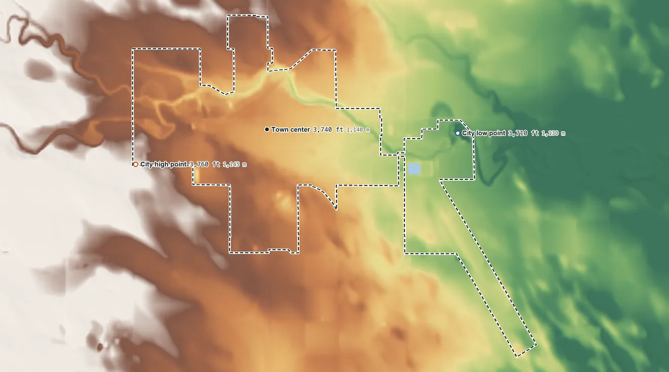 Topographic elevation map of Holyoke, Colorado, shaded from 3,710 ft on the east side to 3,760 ft on the west side