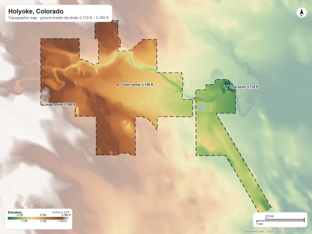 Topographic elevation map of Holyoke, Colorado, shaded from 3,710 ft on the east side to 3,760 ft on the west side