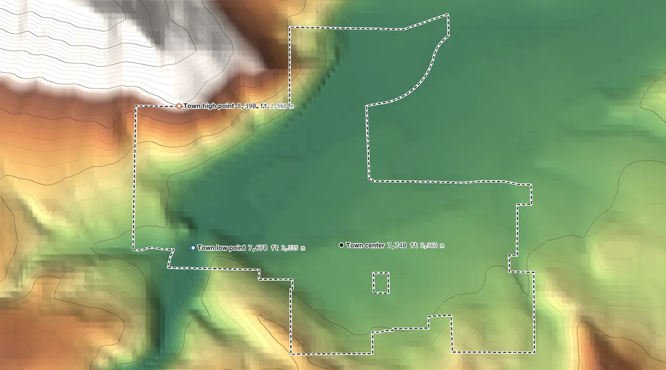 Topographic elevation map of Hot Sulphur Springs, Colorado, shaded from 7,670 ft on the west side to 8,390 ft on the northwest edge, below higher ground just outside