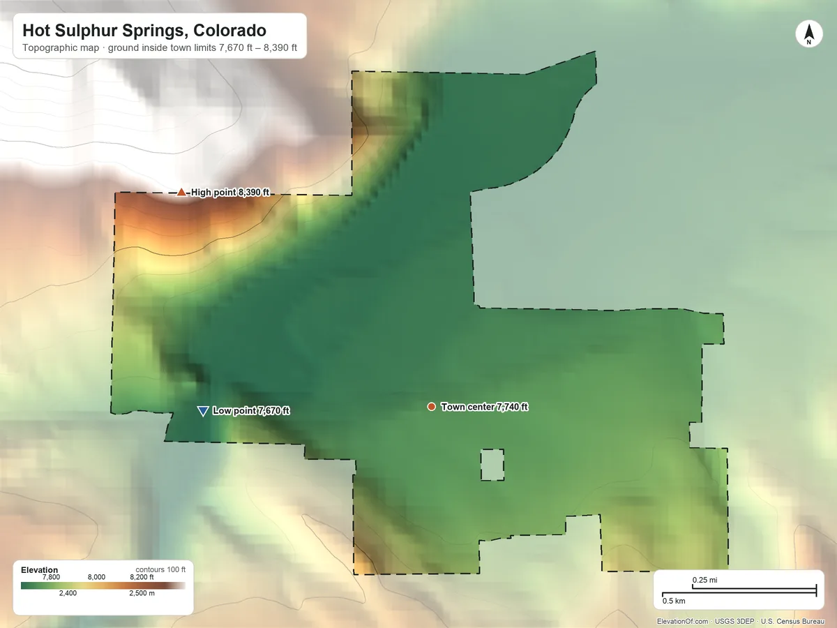 Topographic elevation map of Hot Sulphur Springs, Colorado, shaded from 7,670 ft on the west side to 8,390 ft on the northwest edge, below higher ground just outside