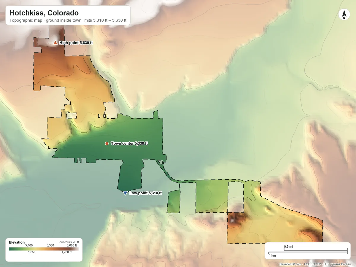 Topographic elevation map of Hotchkiss, Colorado, shaded from 5,310 ft on the south side to 5,630 ft on the northwest edge, below higher ground just outside