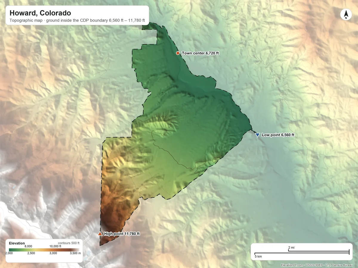 Topographic elevation map of Howard, Colorado, shaded from 6,560 ft on the southeast side to 11,780 ft on the southwest edge, below higher ground just outside