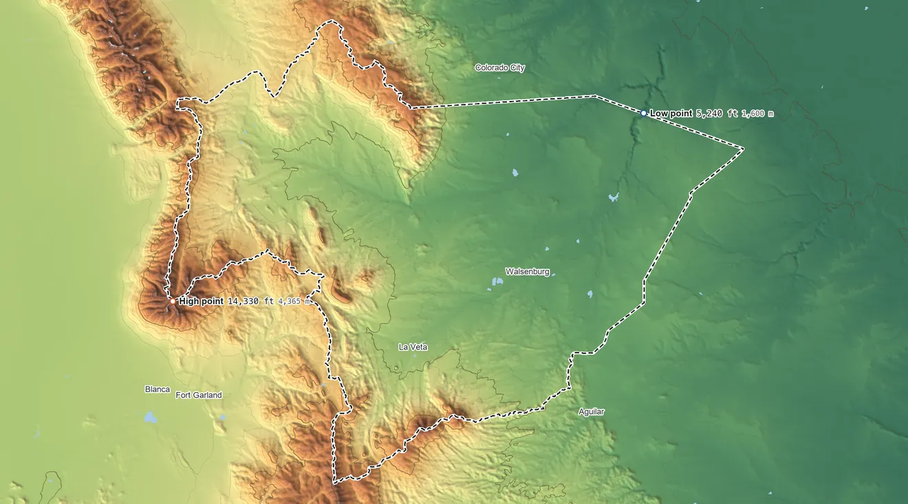 Topographic elevation map of Huerfano County, Colorado, shaded from 5,240 ft on the northeast side to 14,330 ft on Blanca Peak