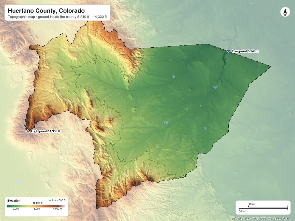 Topographic elevation map of Huerfano County, Colorado, shaded from 5,240 ft on the northeast side to 14,330 ft on Blanca Peak