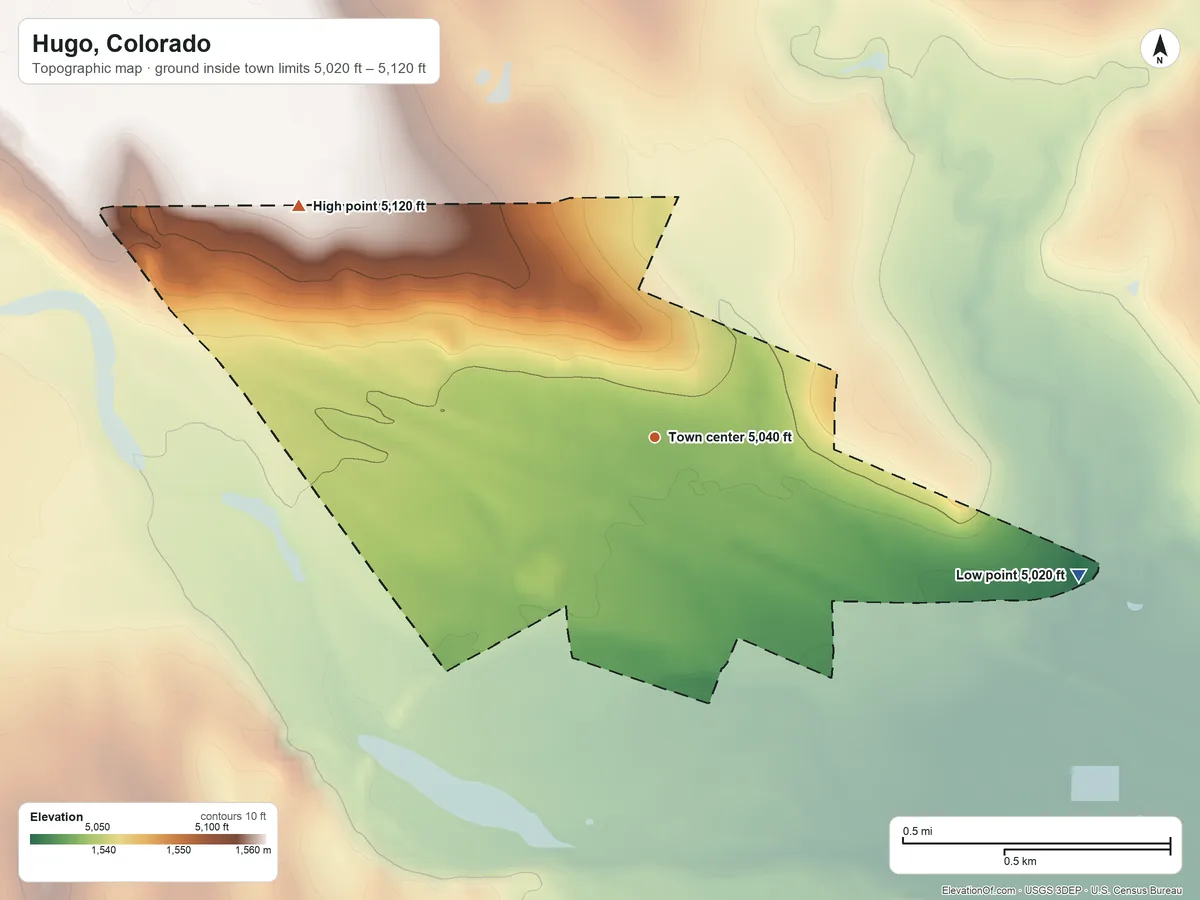 Topographic elevation map of Hugo, Colorado, shaded from 5,020 ft on the east side to 5,120 ft on the northwest side