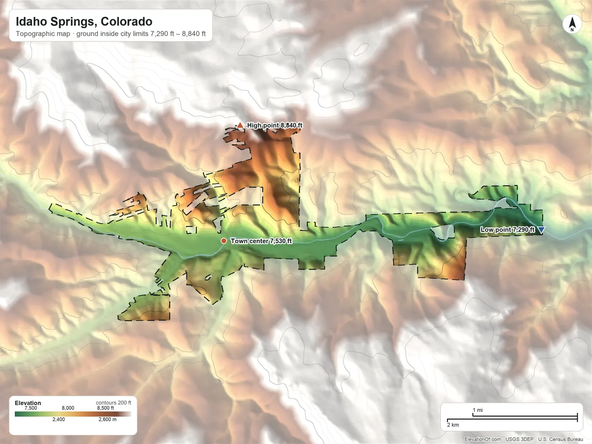 Topographic elevation map of Idaho Springs, Colorado, shaded from 7,290 ft on the east side to 8,840 ft on the north edge, below higher ground just outside