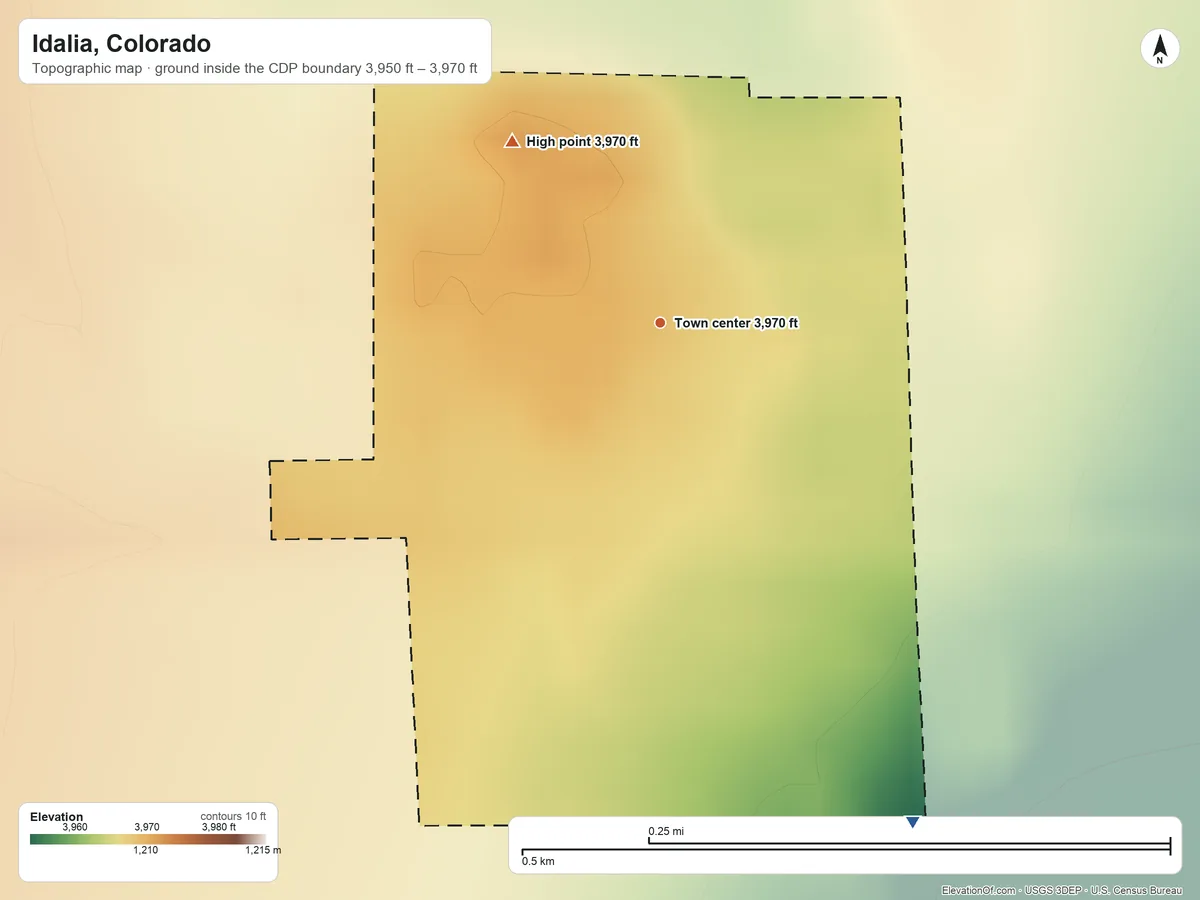 Topographic elevation map of Idalia, Colorado, shaded from 3,950 ft on the southeast side to 3,970 ft on the northwest side