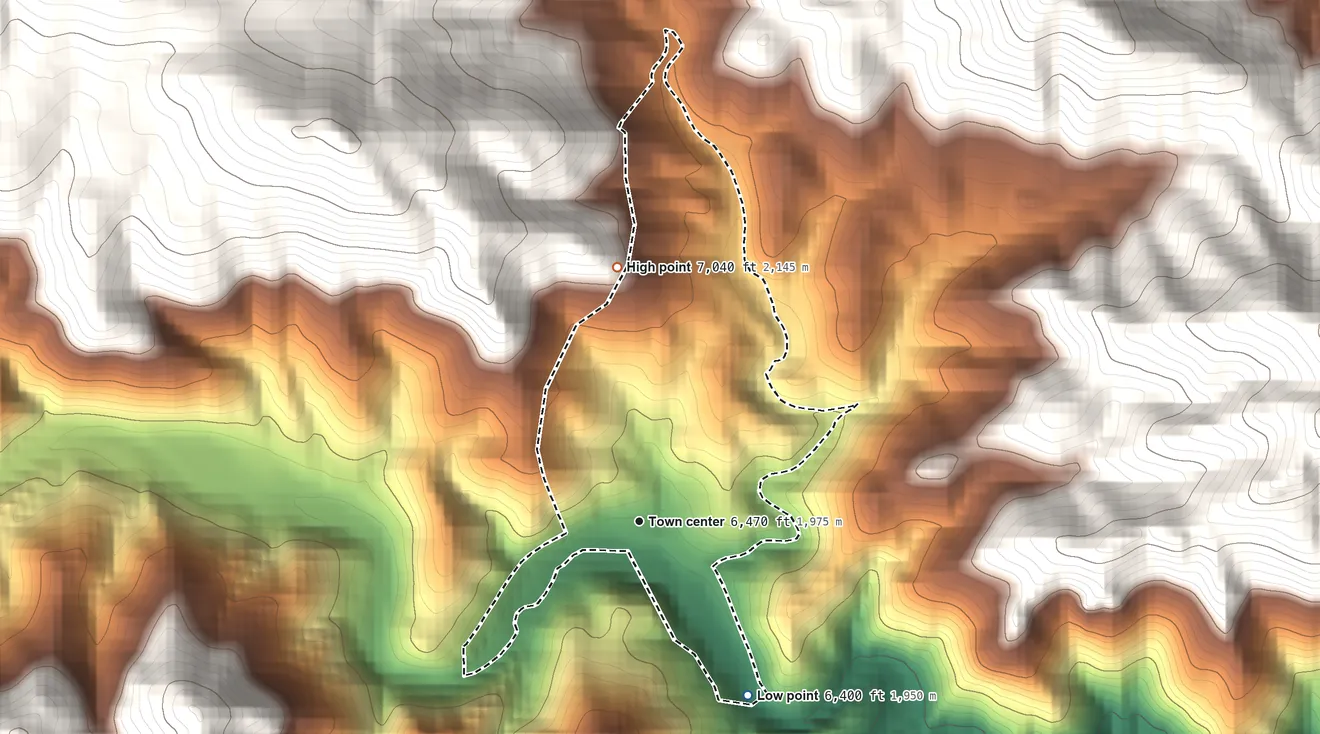Topographic elevation map of Idledale, Colorado, shaded from 6,400 ft on the southeast side to 7,040 ft on the north edge, below higher ground just outside