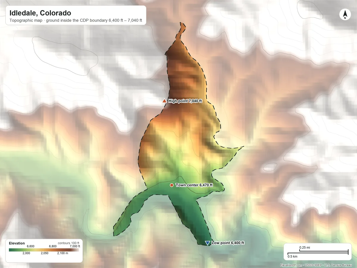 Topographic elevation map of Idledale, Colorado, shaded from 6,400 ft on the southeast side to 7,040 ft on the north edge, below higher ground just outside