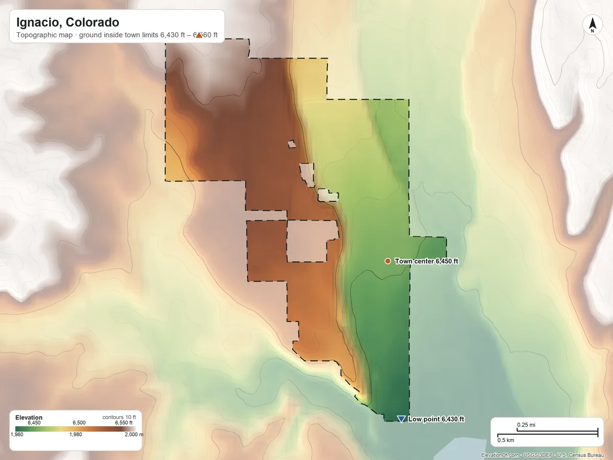 Topographic elevation map of Ignacio, Colorado, shaded from 6,430 ft on the south side to 6,560 ft on the northwest side
