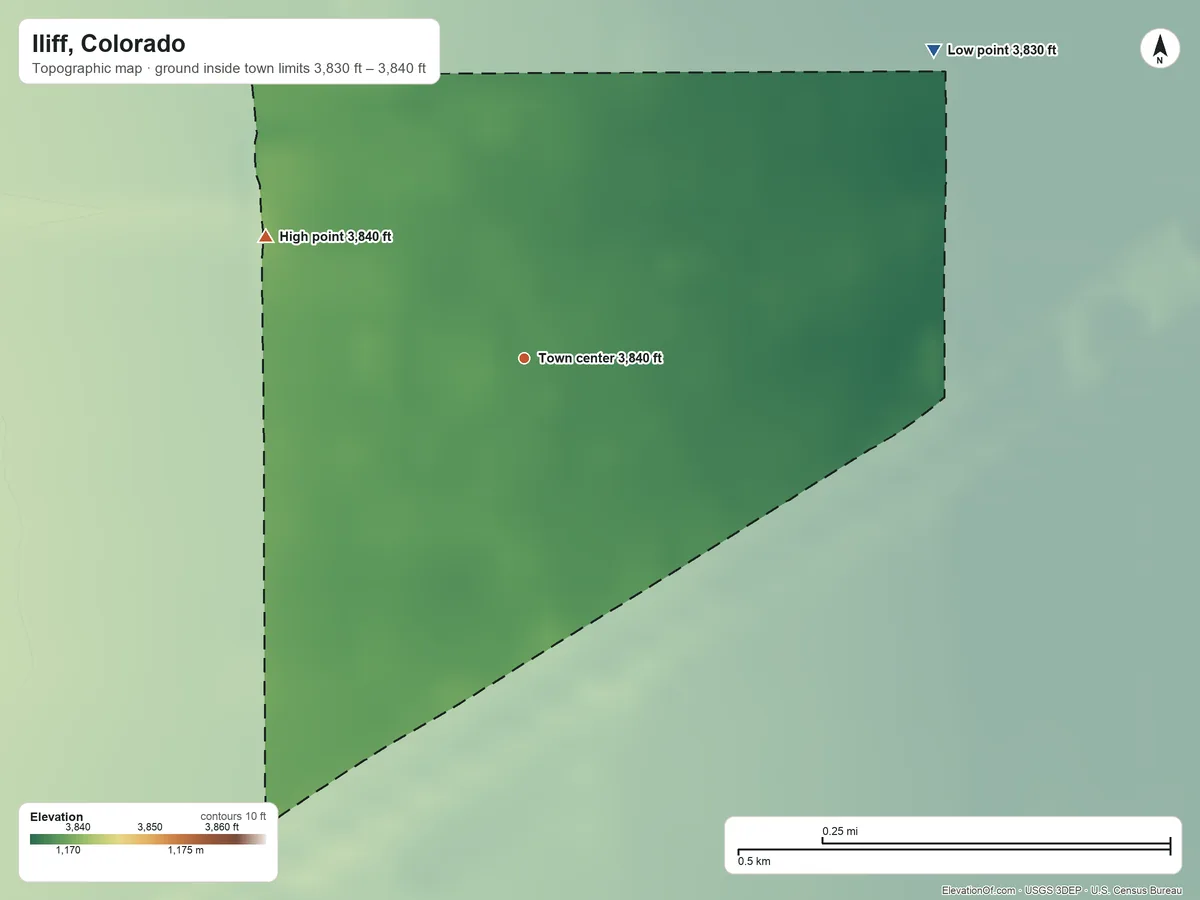 Topographic elevation map of Iliff, Colorado, shaded from 3,830 ft on the northeast side to 3,840 ft on the northwest side