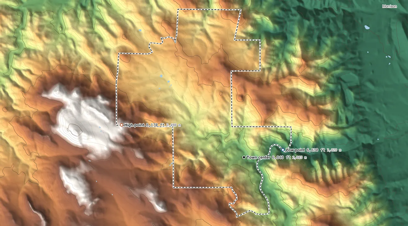 Topographic elevation map of Indian Hills, Colorado, shaded from 6,630 ft on the east side to 8,170 ft on the west edge, below higher ground just outside