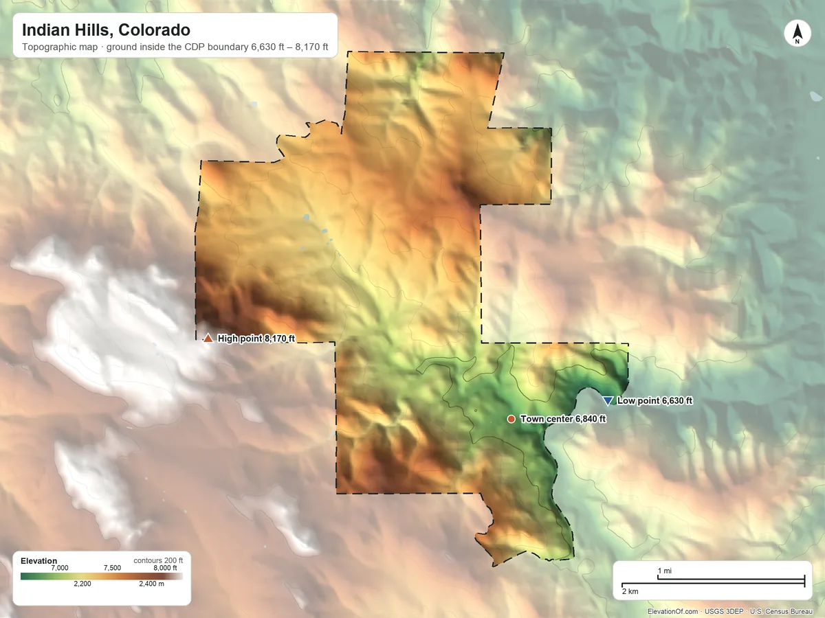 Topographic elevation map of Indian Hills, Colorado, shaded from 6,630 ft on the east side to 8,170 ft on the west edge, below higher ground just outside