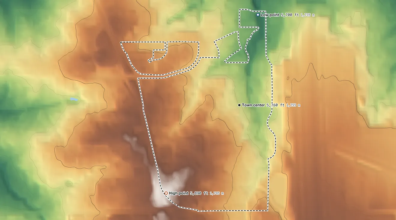 Topographic elevation map of Inverness, Colorado, shaded from 5,700 ft on the north side to 5,890 ft on the southwest side
