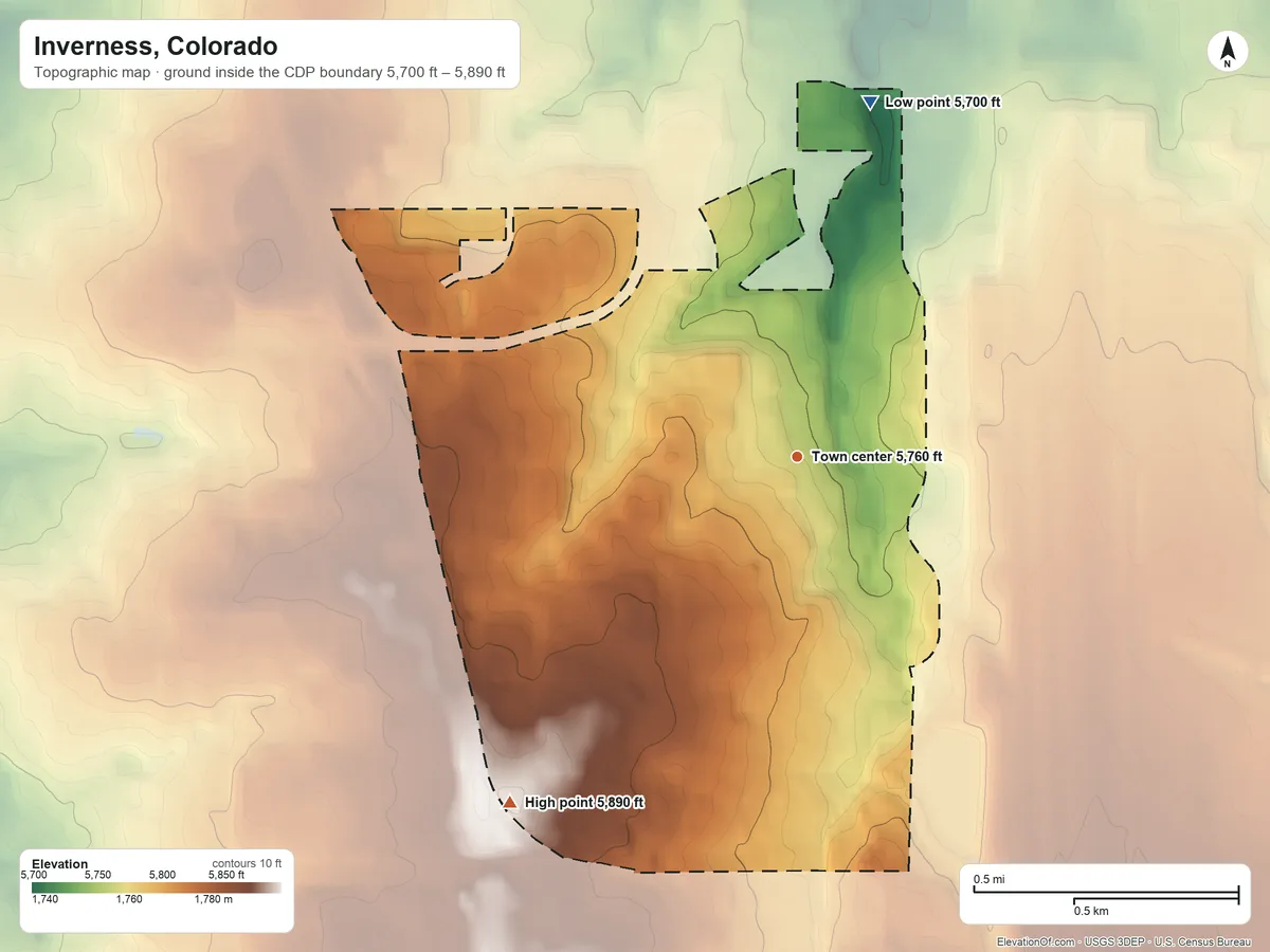 Topographic elevation map of Inverness, Colorado, shaded from 5,700 ft on the north side to 5,890 ft on the southwest side