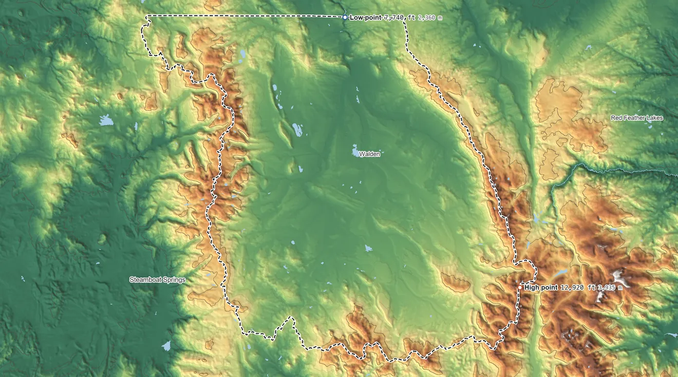 Topographic elevation map of Jackson County, Colorado, shaded from 7,740 ft on the north side to 12,920 ft on Mount Richthofen