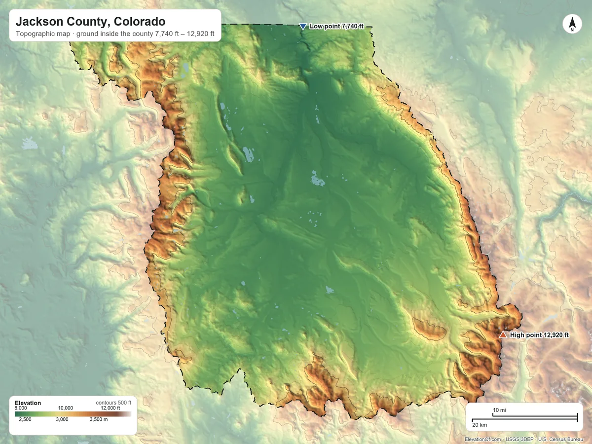 Topographic elevation map of Jackson County, Colorado, shaded from 7,740 ft on the north side to 12,920 ft on Mount Richthofen