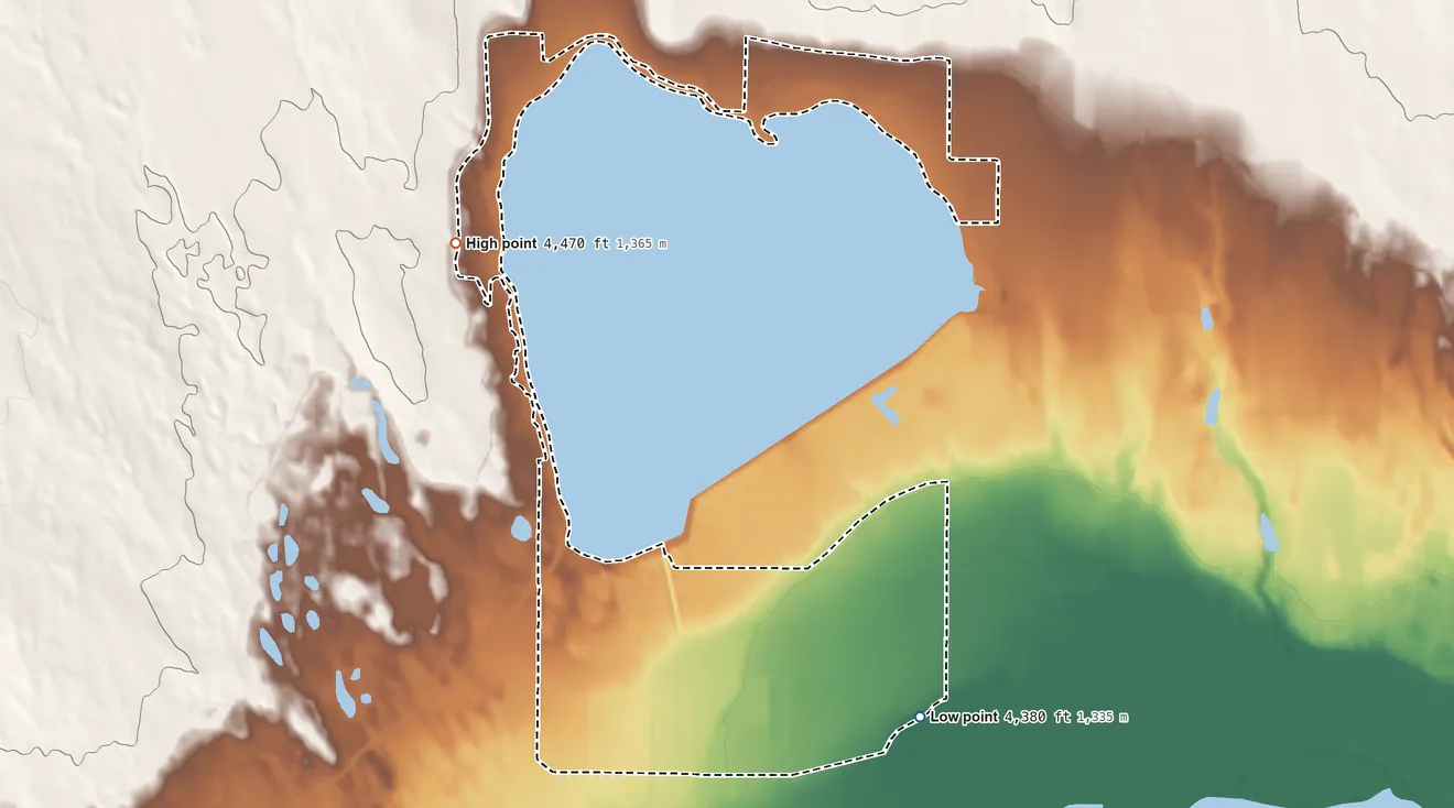 Topographic elevation map of Jackson Lake, Colorado, shaded from 4,380 ft on the south side to 4,470 ft on the northwest side
