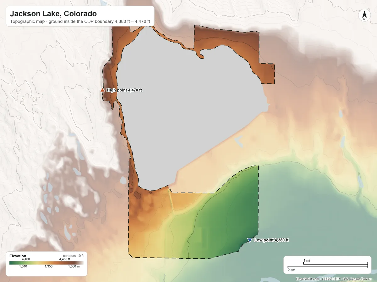 Topographic elevation map of Jackson Lake, Colorado, shaded from 4,380 ft on the south side to 4,470 ft on the northwest side