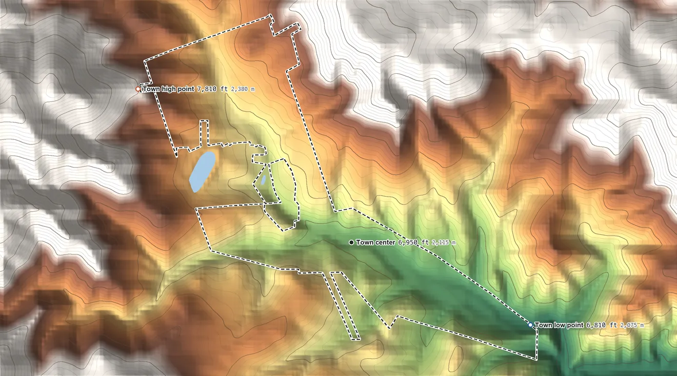 Topographic elevation map of Jamestown, Colorado, shaded from 6,810 ft on the southeast side to 7,810 ft at the foot of the Indian Peaks