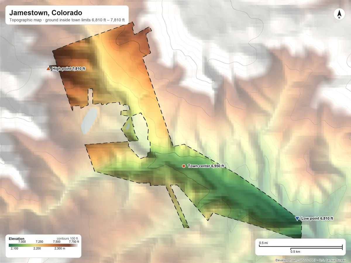 Topographic elevation map of Jamestown, Colorado, shaded from 6,810 ft on the southeast side to 7,810 ft at the foot of the Indian Peaks
