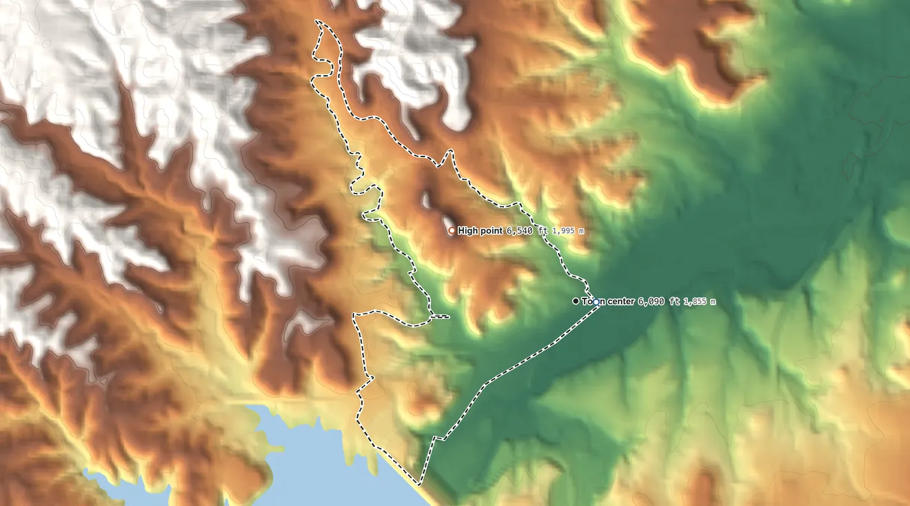 Topographic elevation map of Jansen, Colorado, shaded from 6,070 ft near the middle to 6,540 ft on the northwest side