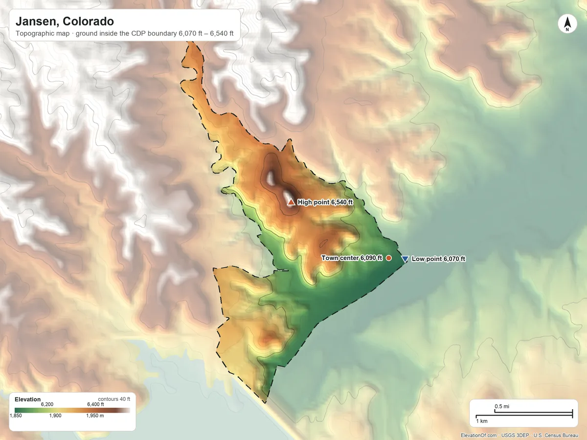 Topographic elevation map of Jansen, Colorado, shaded from 6,070 ft near the middle to 6,540 ft on the northwest side