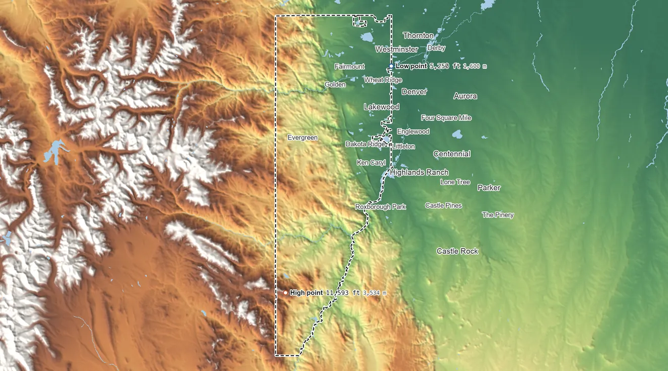 Topographic elevation map of Jefferson County, Colorado, shaded from 5,250 ft on the northeast side to 11,593 ft on Buffalo Peak
