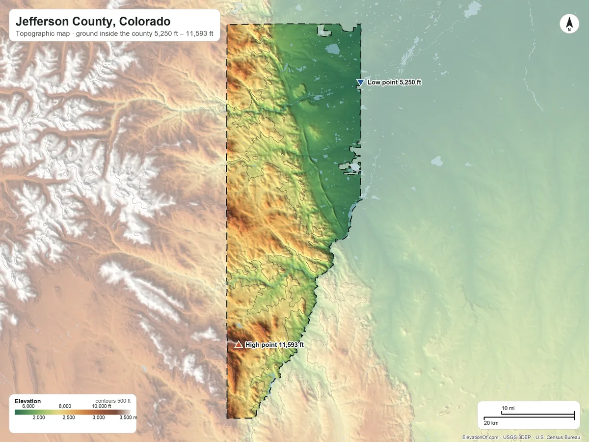 Topographic elevation map of Jefferson County, Colorado, shaded from 5,250 ft on the northeast side to 11,593 ft on Buffalo Peak