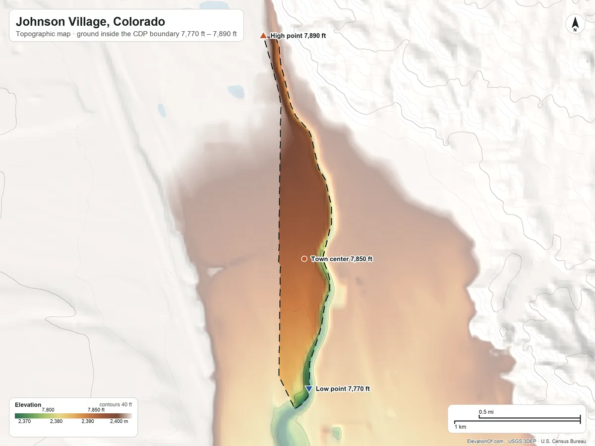 Topographic elevation map of Johnson Village, Colorado, shaded from 7,770 ft on the south side to 7,890 ft at the foot of the Collegiate Peaks