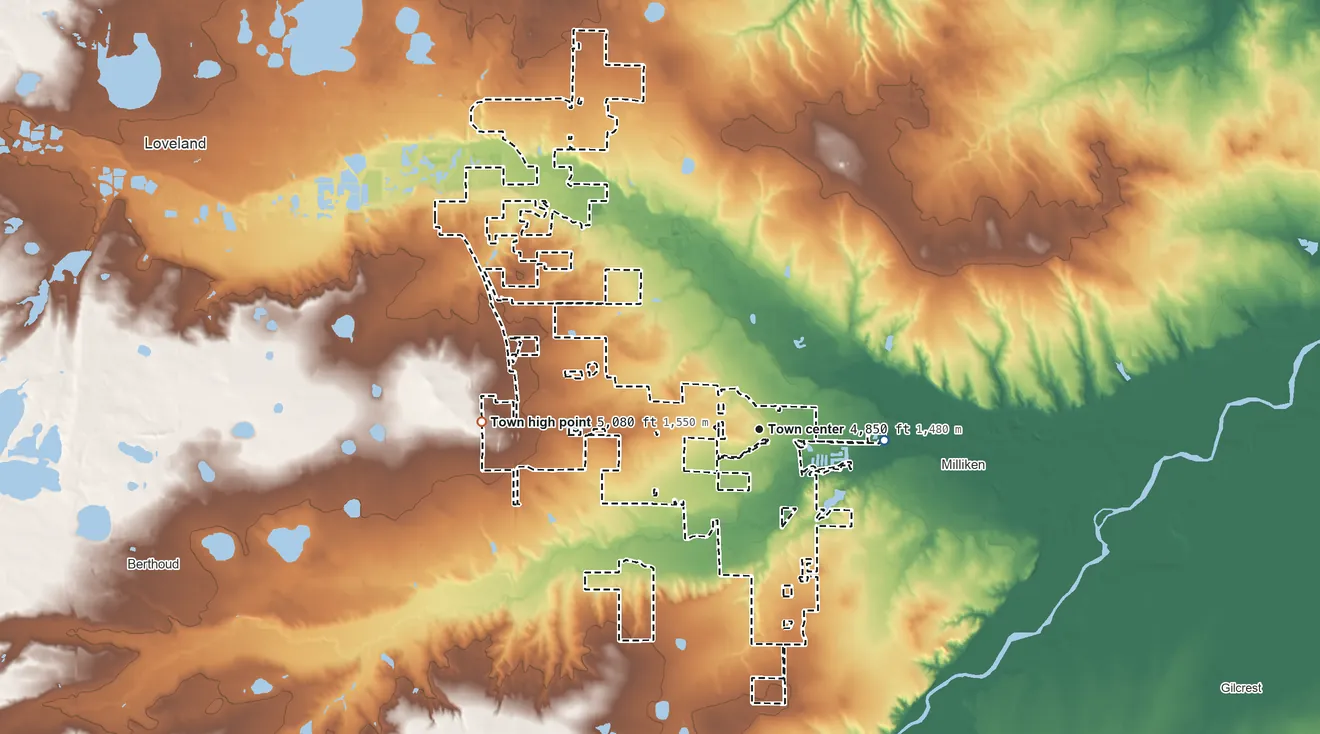 Topographic elevation map of Johnstown, Colorado, shaded from 4,750 ft on the east side to 5,080 ft on the west side