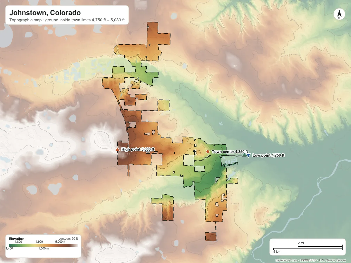 Topographic elevation map of Johnstown, Colorado, shaded from 4,750 ft on the east side to 5,080 ft on the west side
